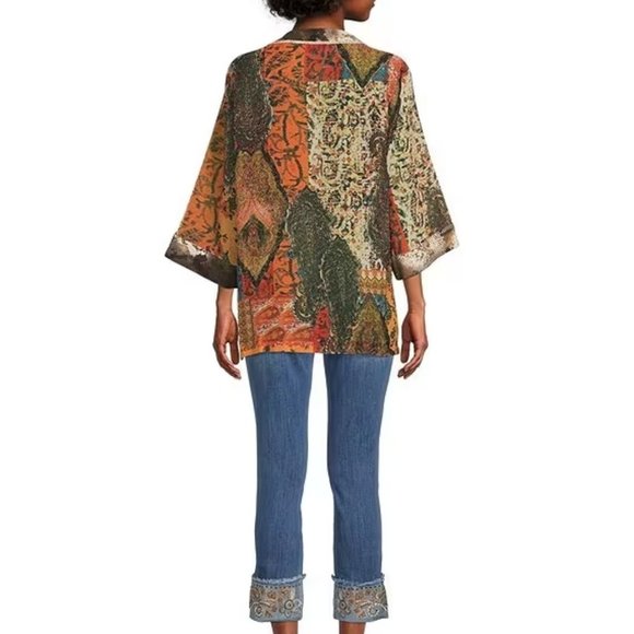 John Mark Mix Print Open Front Multi Color Tassel Detailed 3/4 Sleeve Kimono - Picture 2 of 10